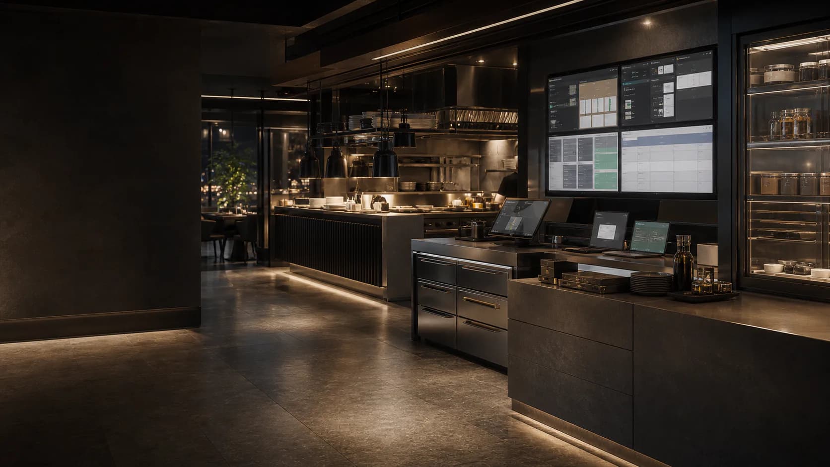 Contextual restaurant operations environment with service, kitchen and management surfaces